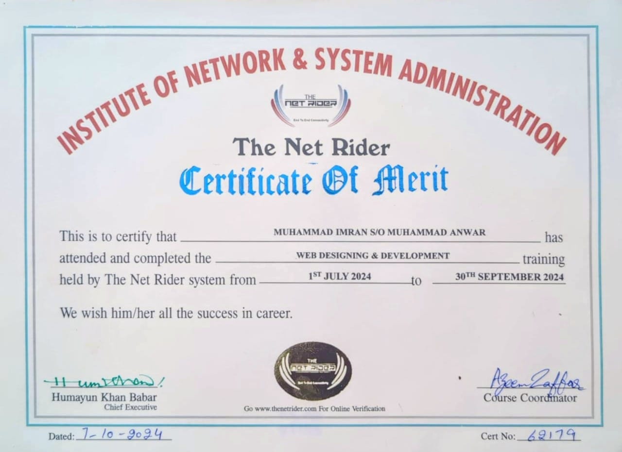 The Net Rider web designing and development certificate
